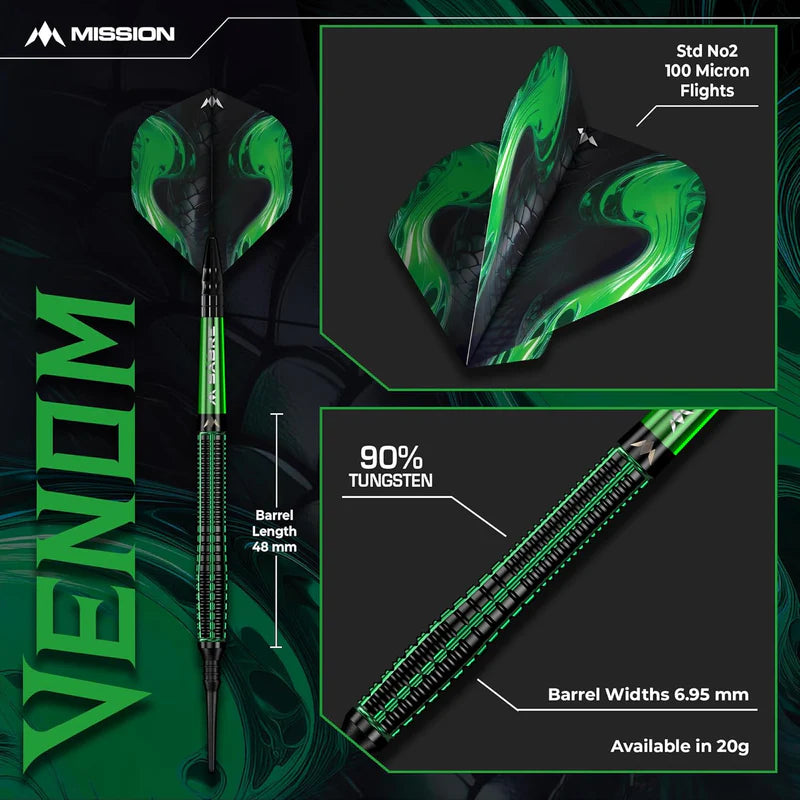 MISSION VENOM DARTS
STEEL TIP - 90% TUNGSTEN - BLACK & GREEN ELECTRO